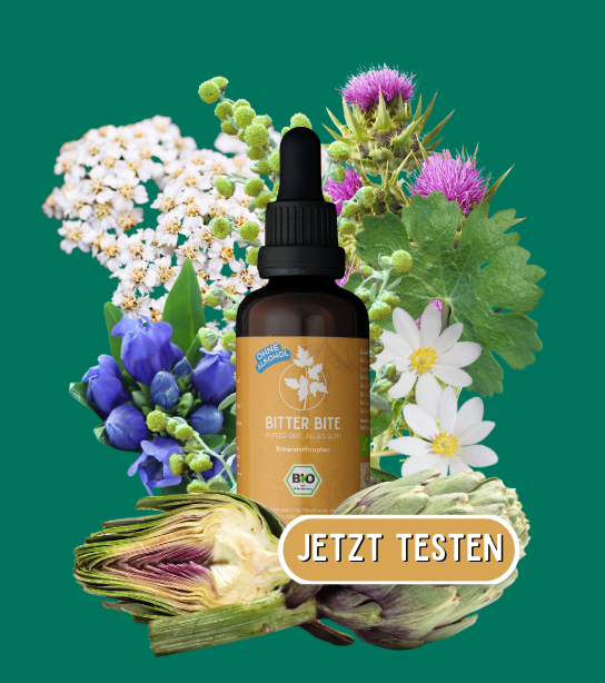 Braunflasche mit Tropfer, umgeben von Blumen und einer Artischocke, mit dem Text "Jetzt testen".