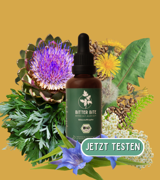 Braune Flaschen mit Tropfer, beschriftet mit "Bitter Bite", Bio-Produkt.