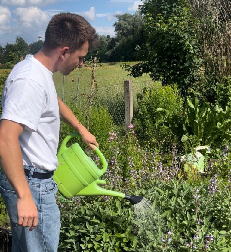 Mann gießt Pflanzen im Garten mit einer grünen Gießkanne.