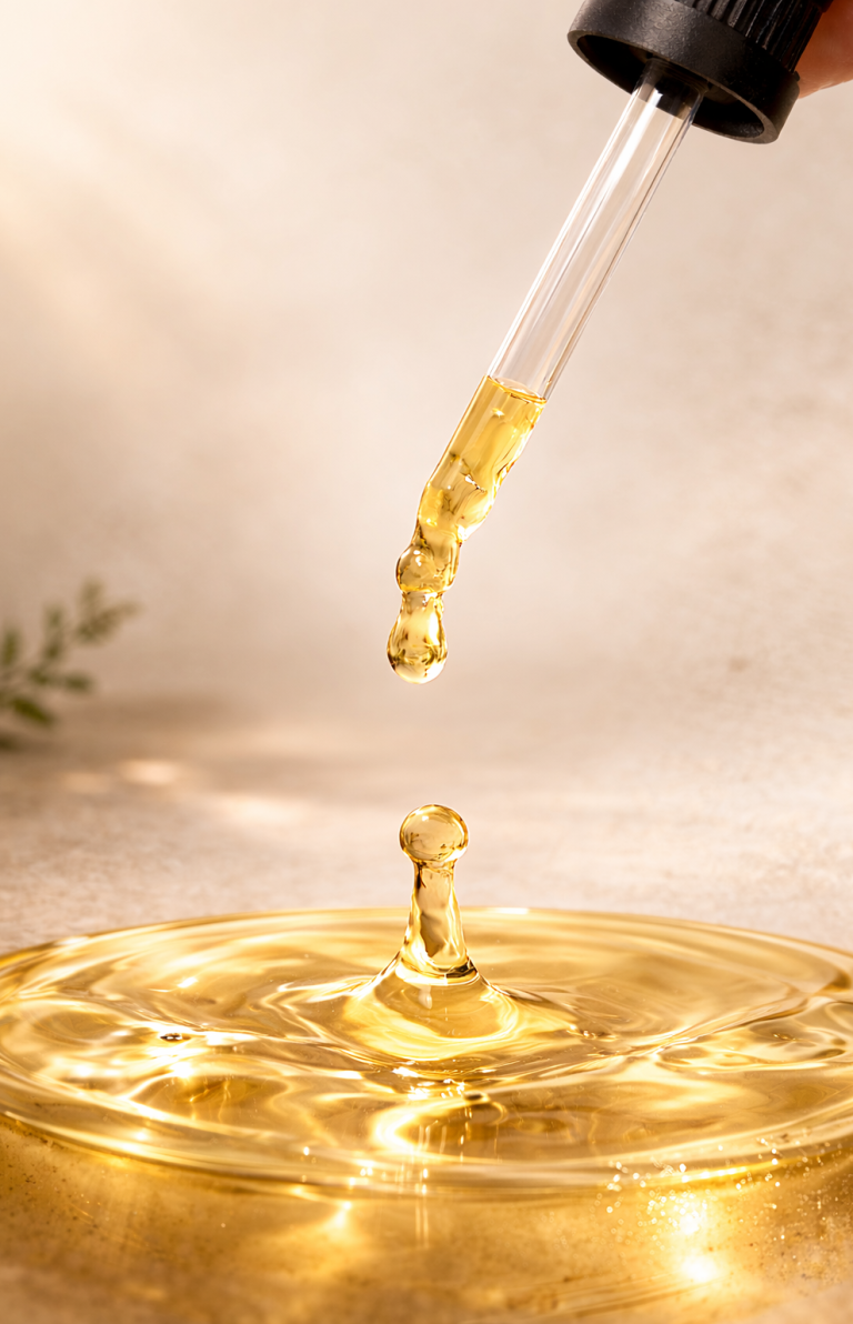 Tropfen aus einer Pipette fallen in eine goldene Flüssigkeit.