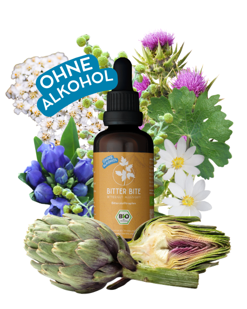 Flasche mit Tropfer, umgeben von Blumen und Artischocken, mit "Ohne Alkohol" Schild.